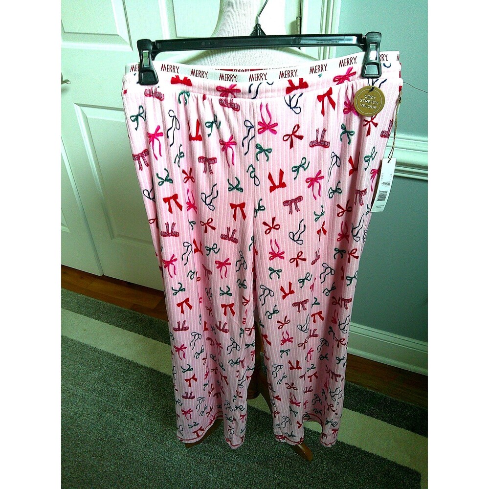 NWT Rae Dunn Women’s Pink Velour Pajama Pants Colorful Bow Accent Size LG
